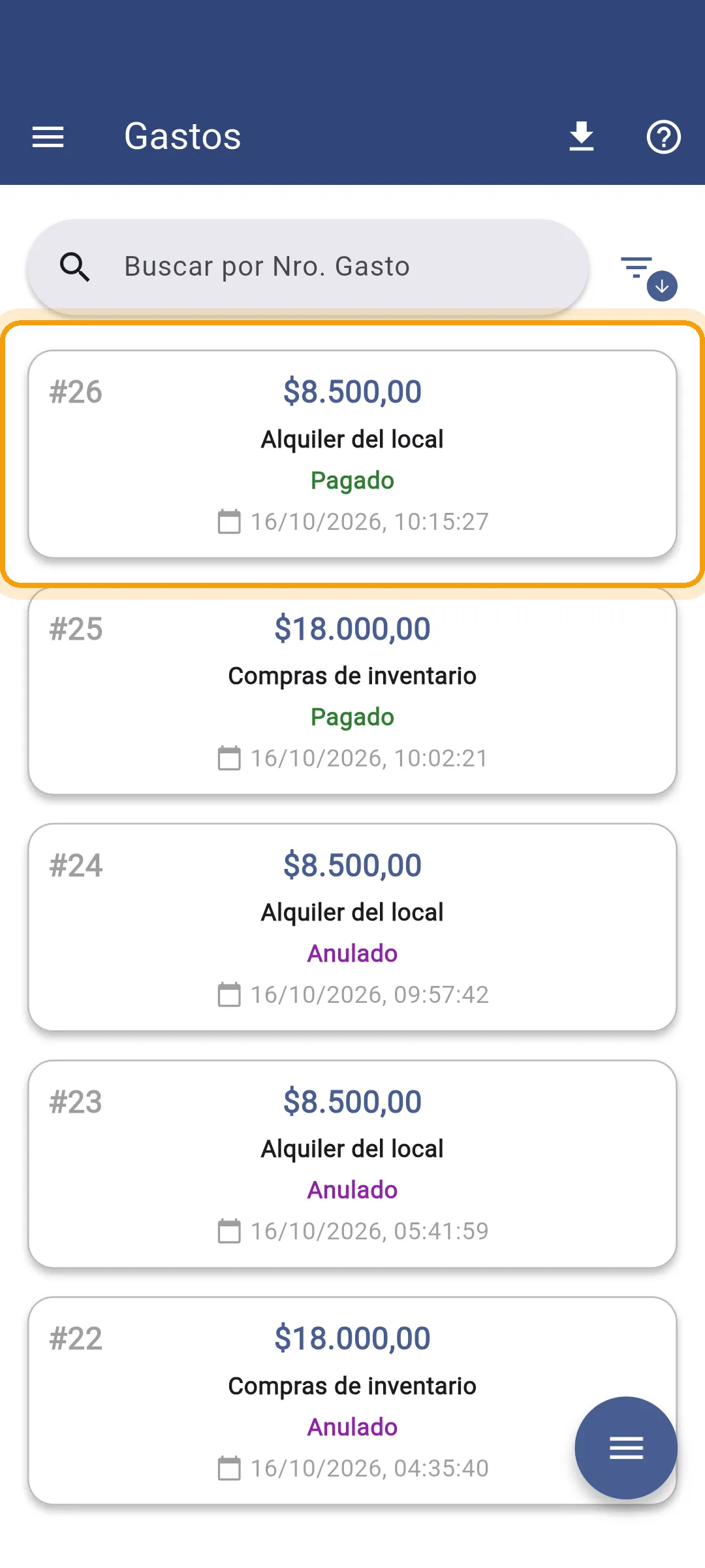 El gasto nuevo en la lista de la app