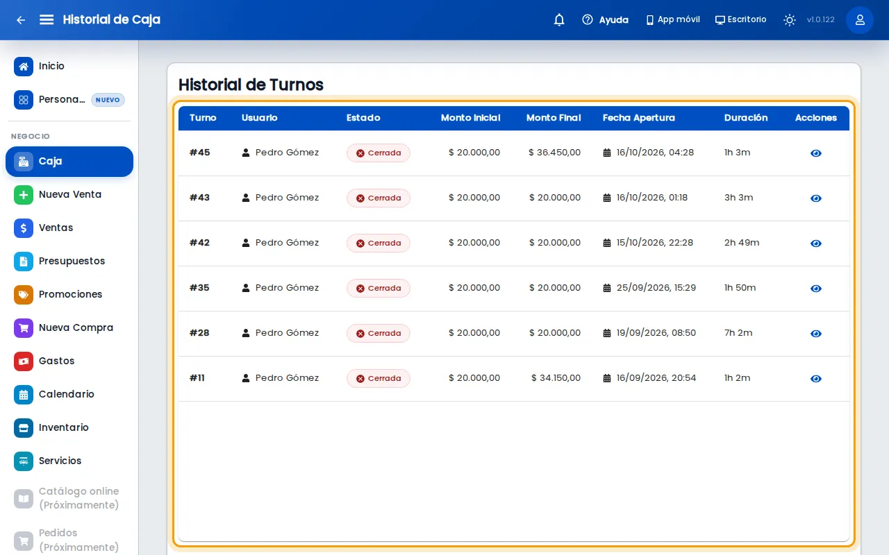 Historial de turnos, con el turno recién cerrado en la primera fila