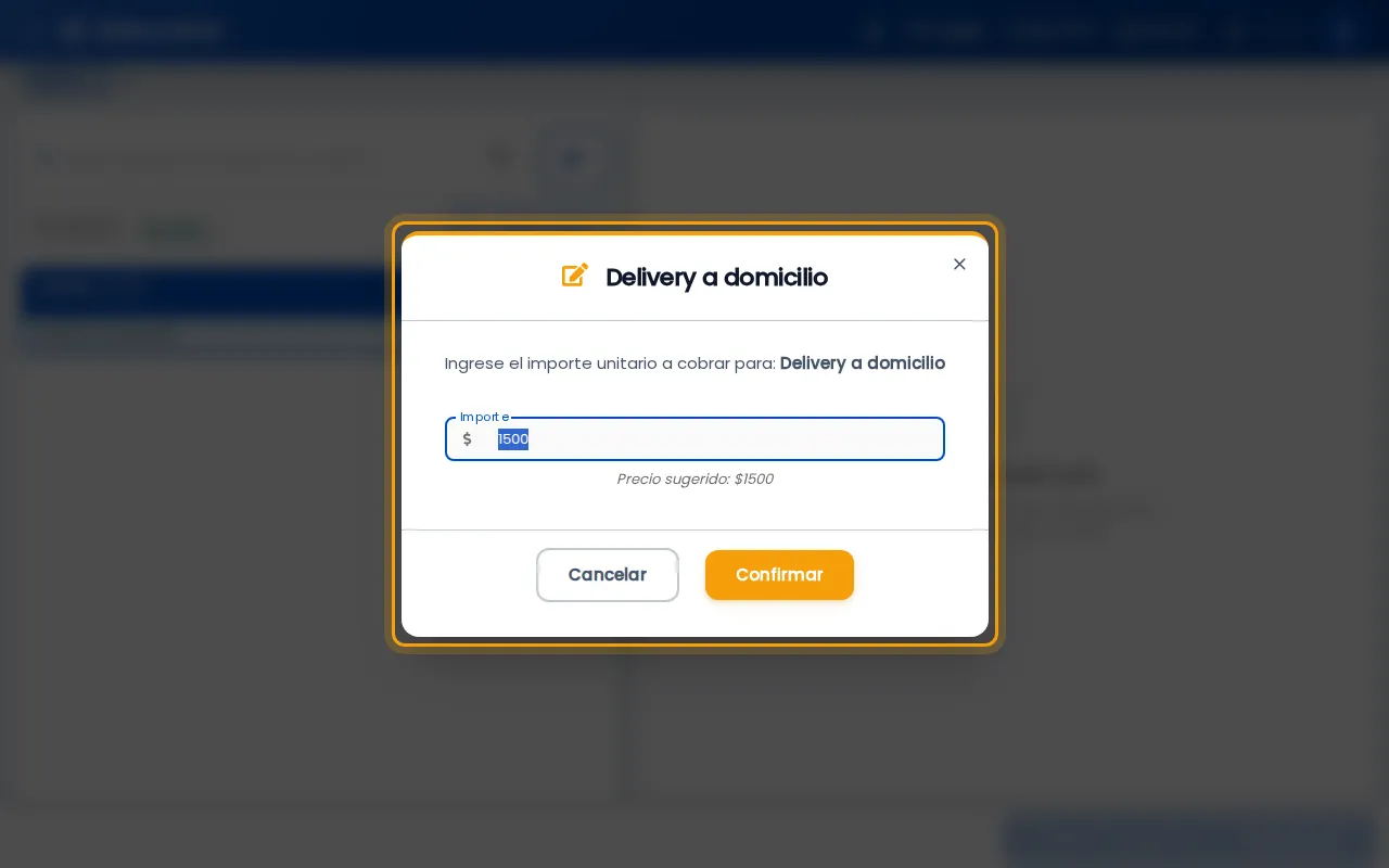 Ventana para confirmar el importe del servicio
