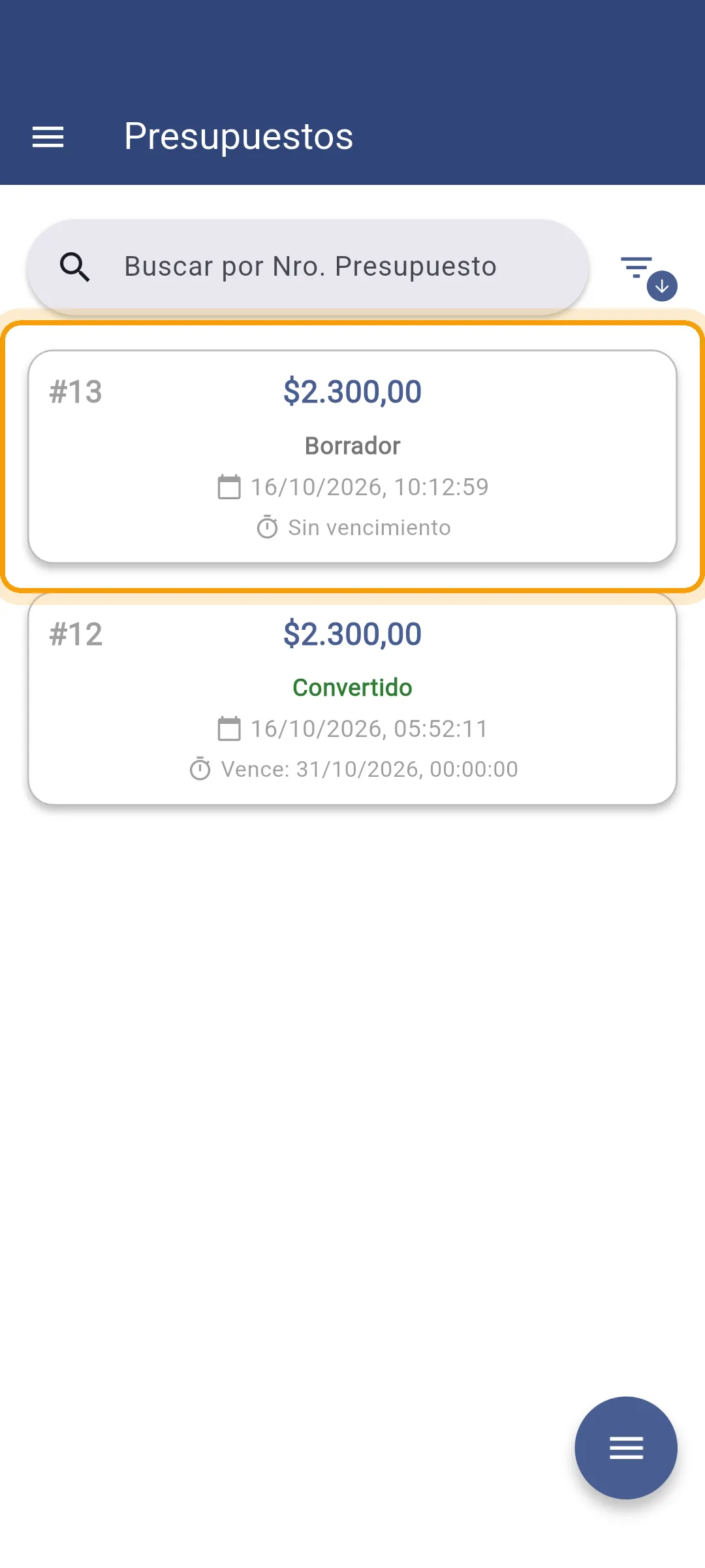 Presupuesto recién creado en la lista de la app
