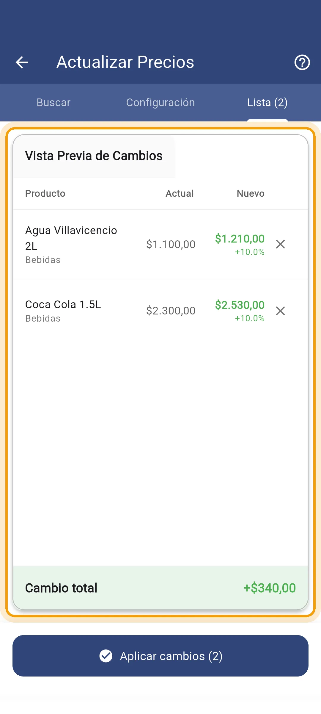 Vista previa de cambios en la app