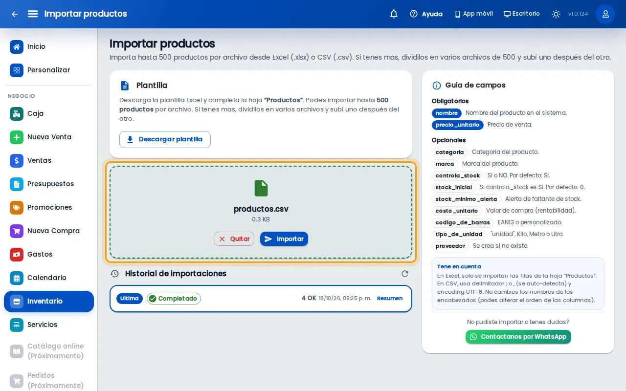 Archivo productos.csv listo para importar
