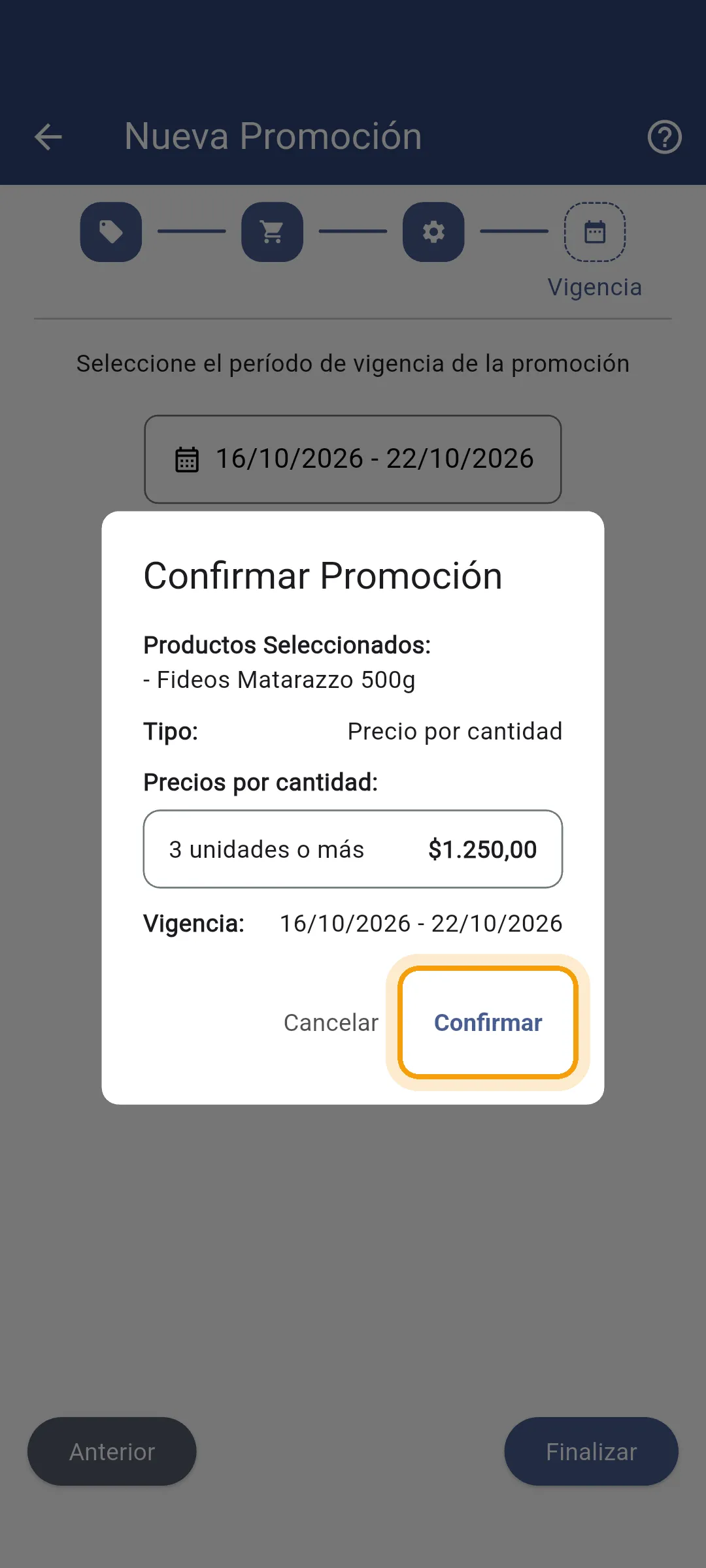 Confirmación de la promoción antes de guardar