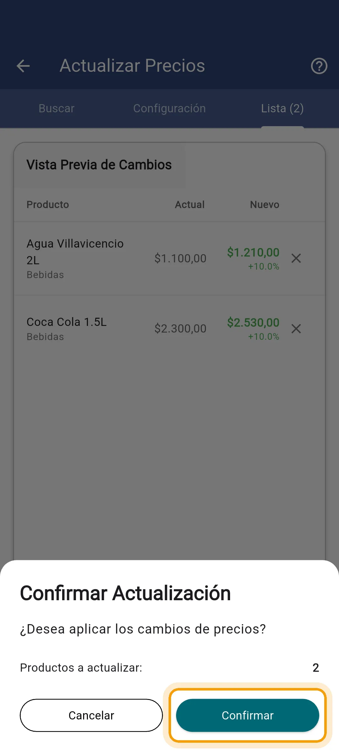 Confirmación de la actualización en la app