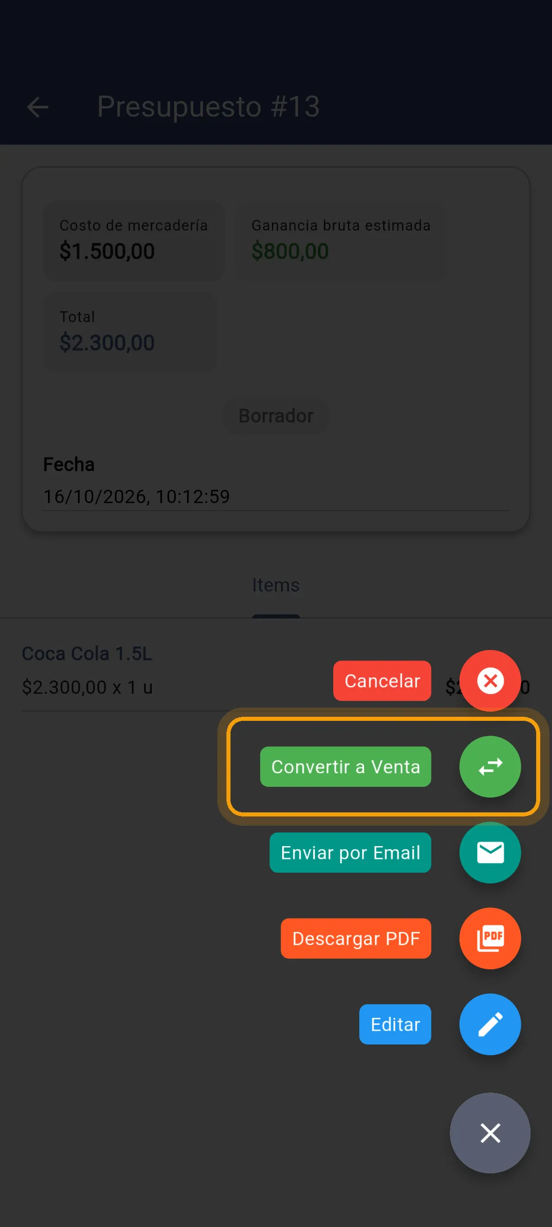 Menú del presupuesto con la opción Convertir a Venta