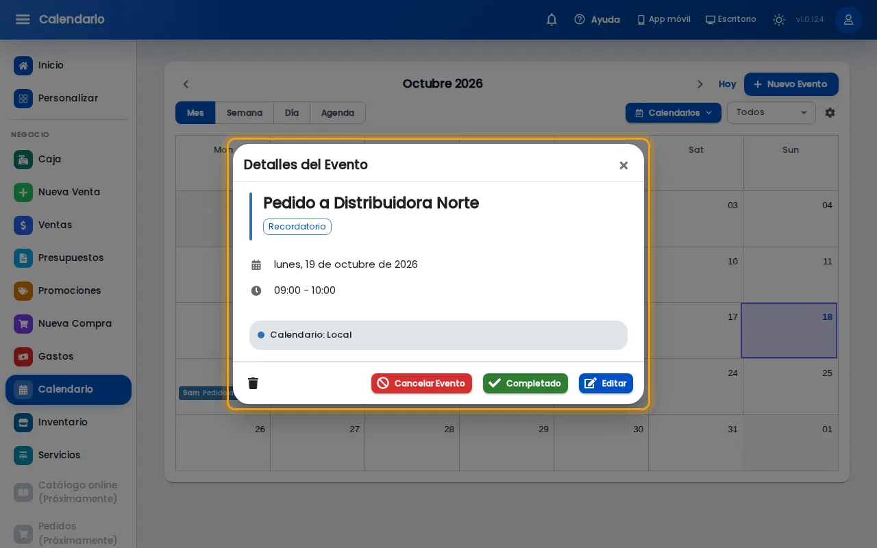 Detalle del evento con los botones Completado, Cancelar Evento y Editar
