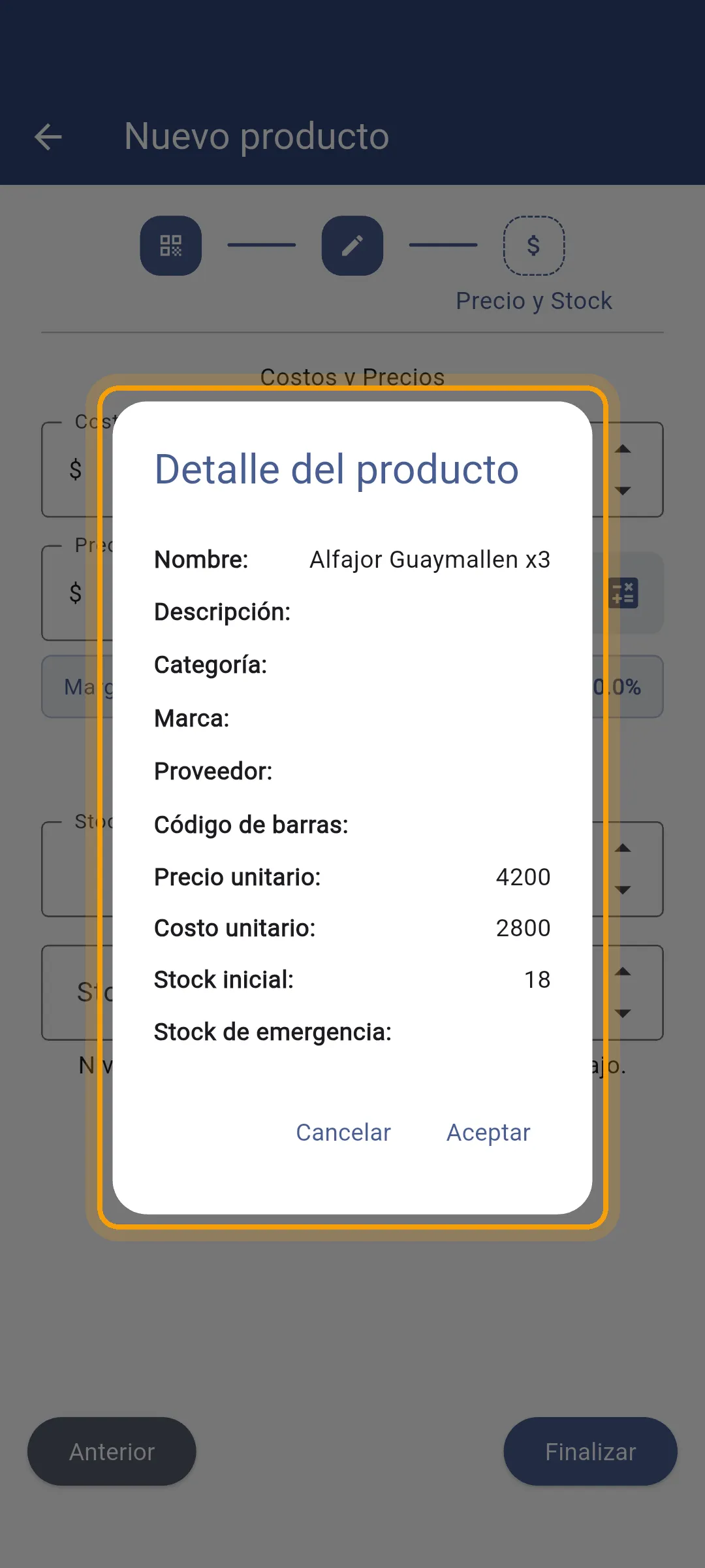 Detalle del producto antes de guardar