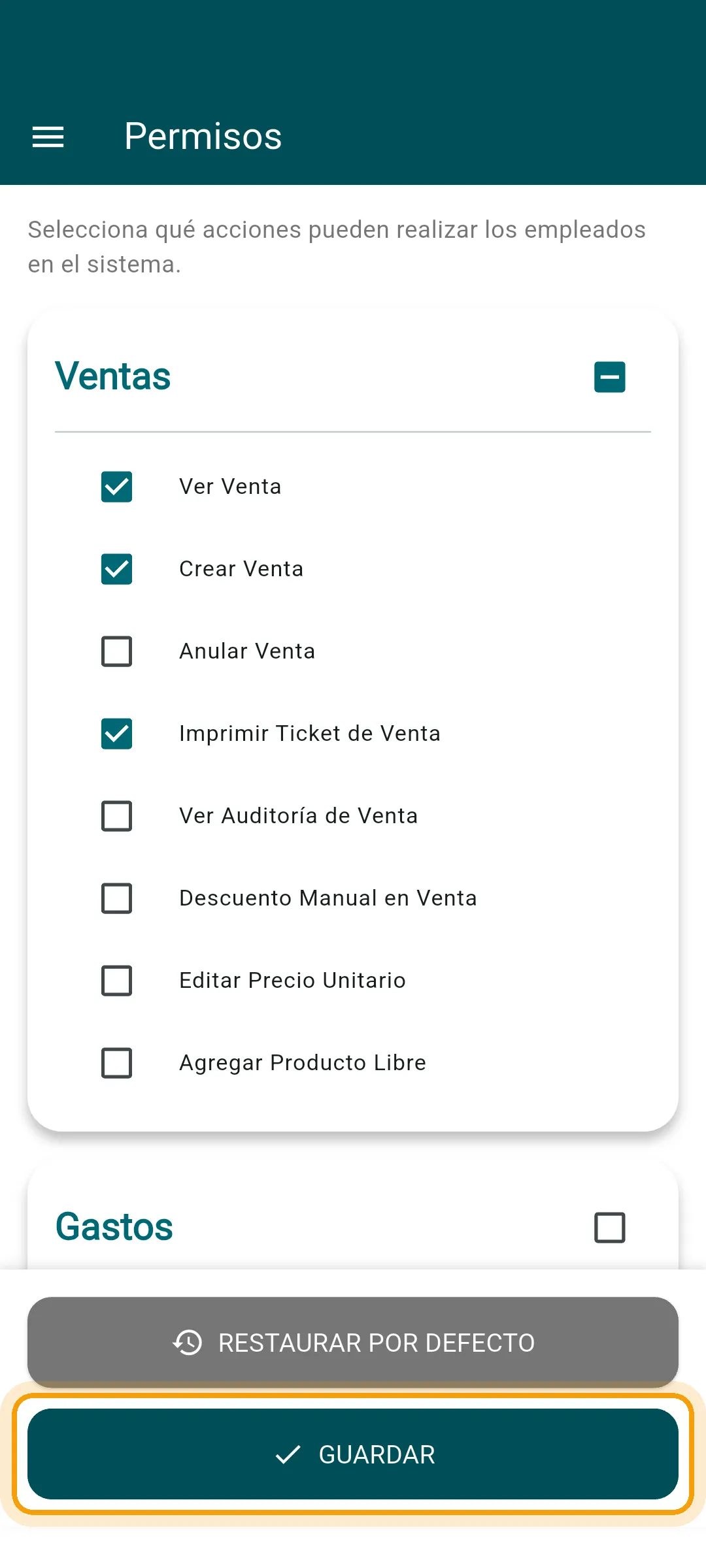 Pantalla de permisos por defecto para el rol Empleado