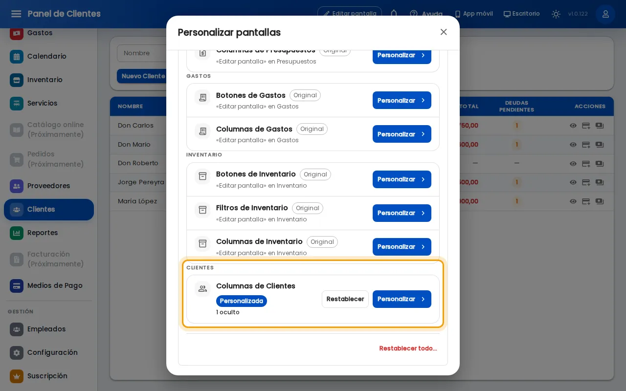 Pantalla personalizada con el botón Restablecer