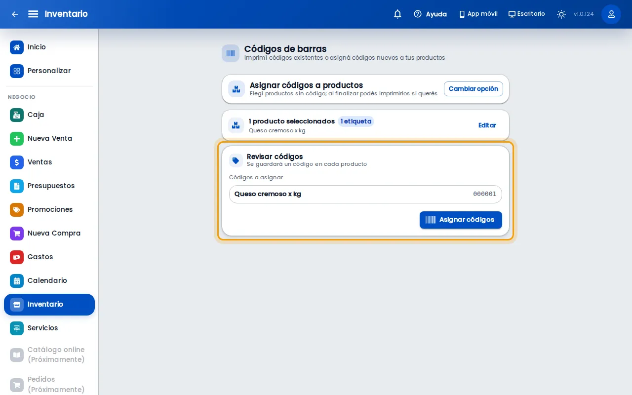 Código que se le va a asignar al producto
