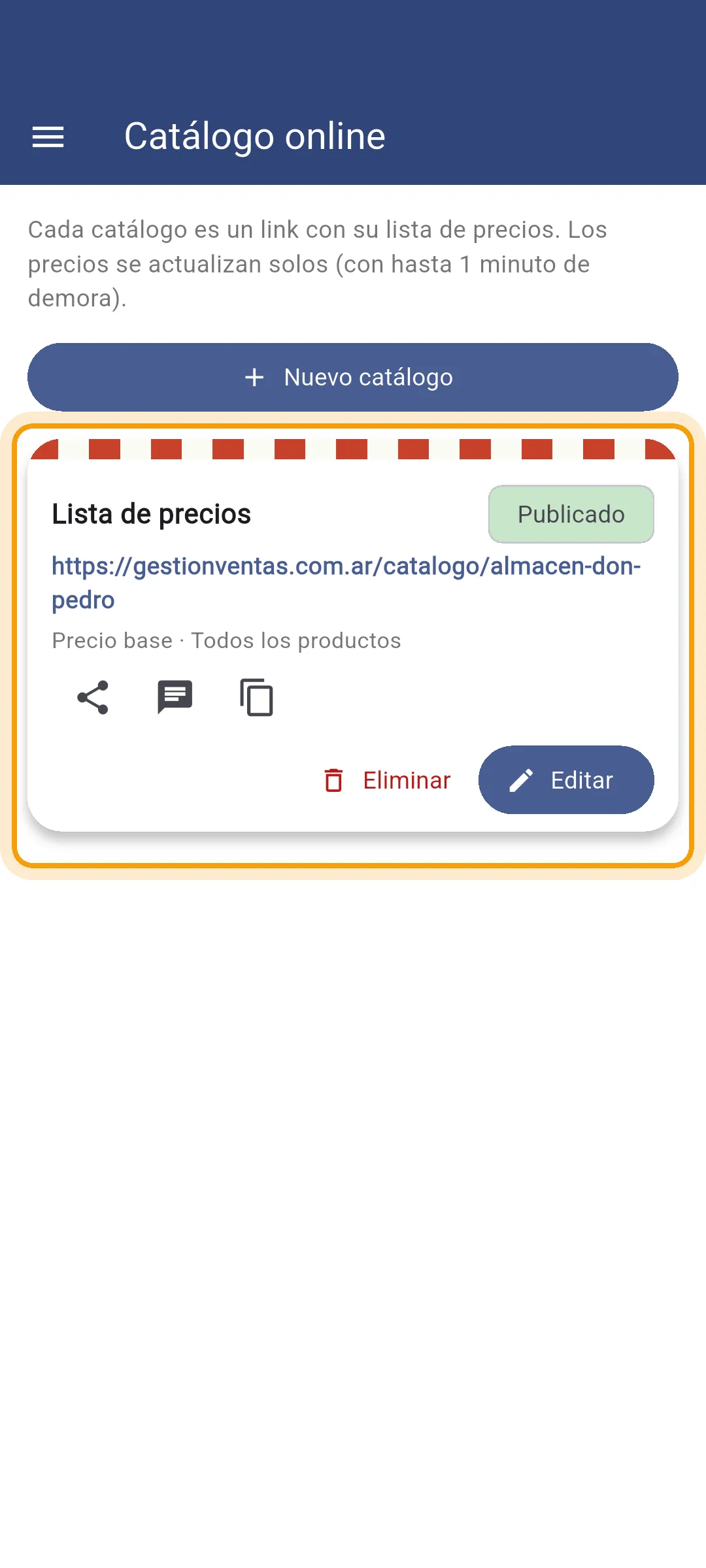 Catálogo publicado en la app