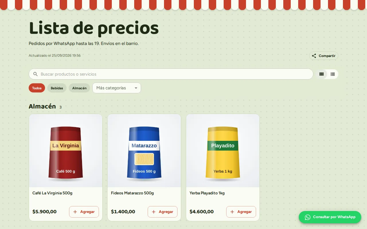 Catálogo publicado con fotos, precios y el botón Agregar