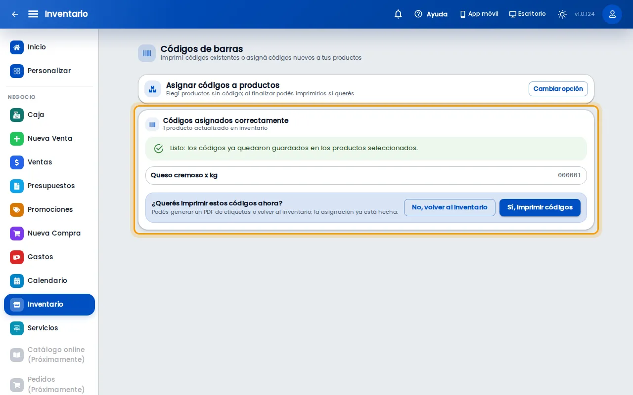 Código asignado correctamente al producto