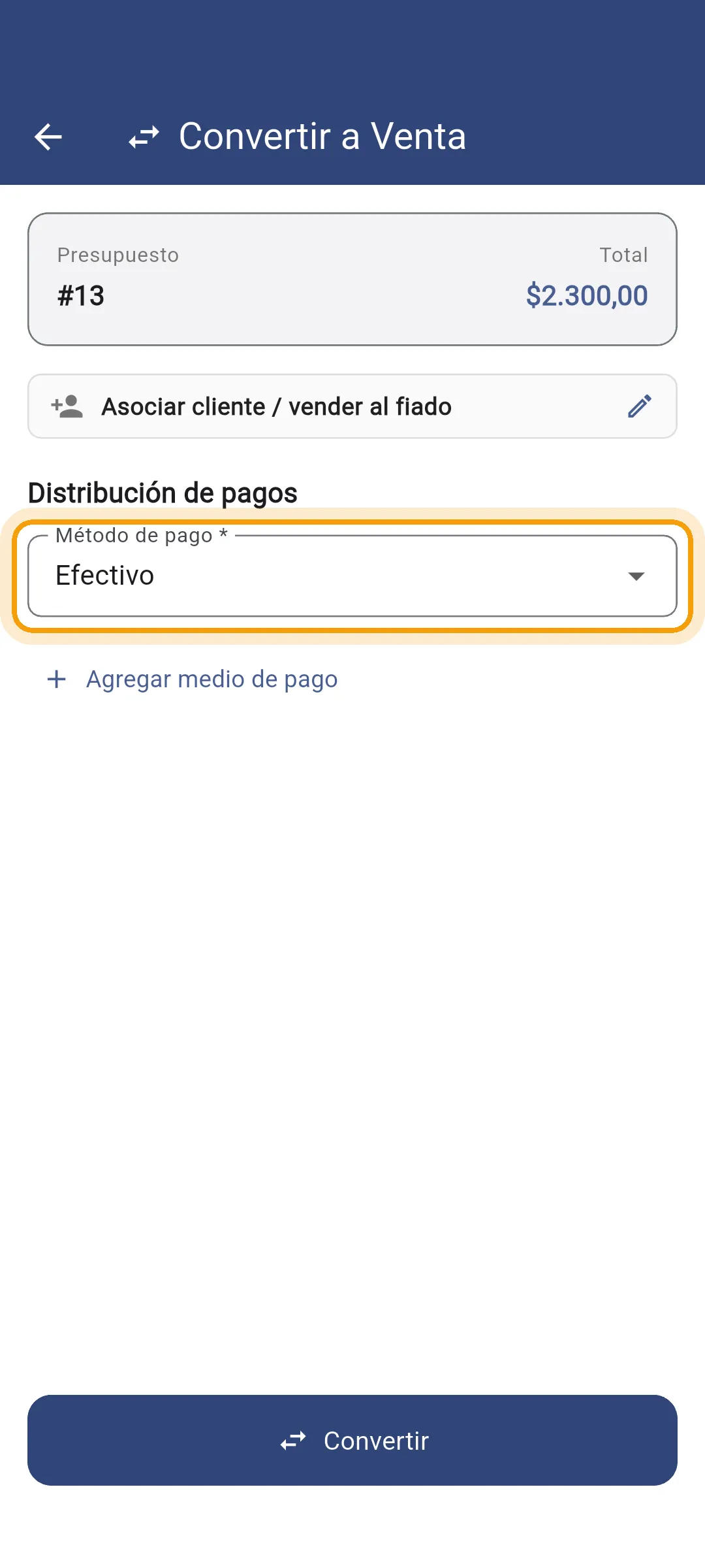 Pantalla para elegir el medio de pago al convertir