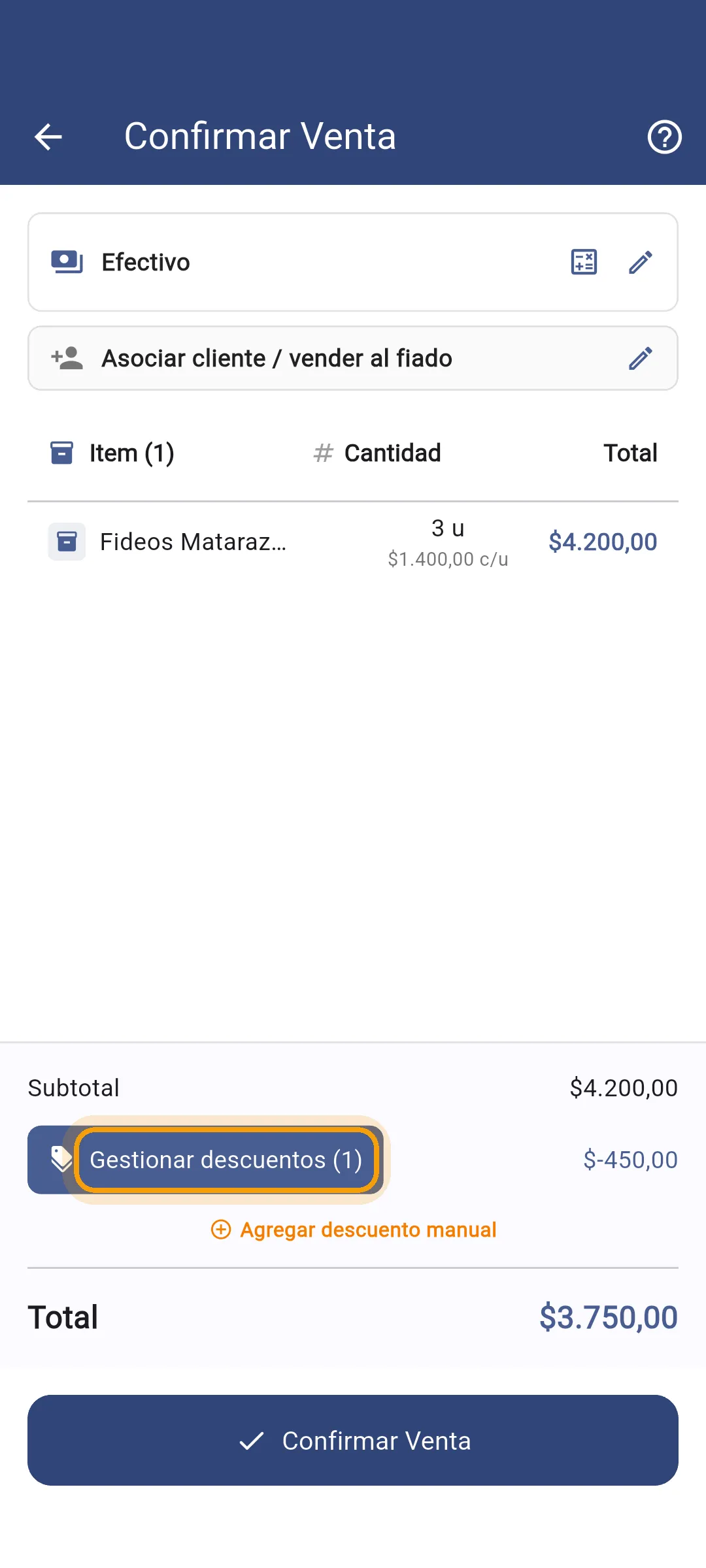 Descuento aplicado en el resumen de la venta