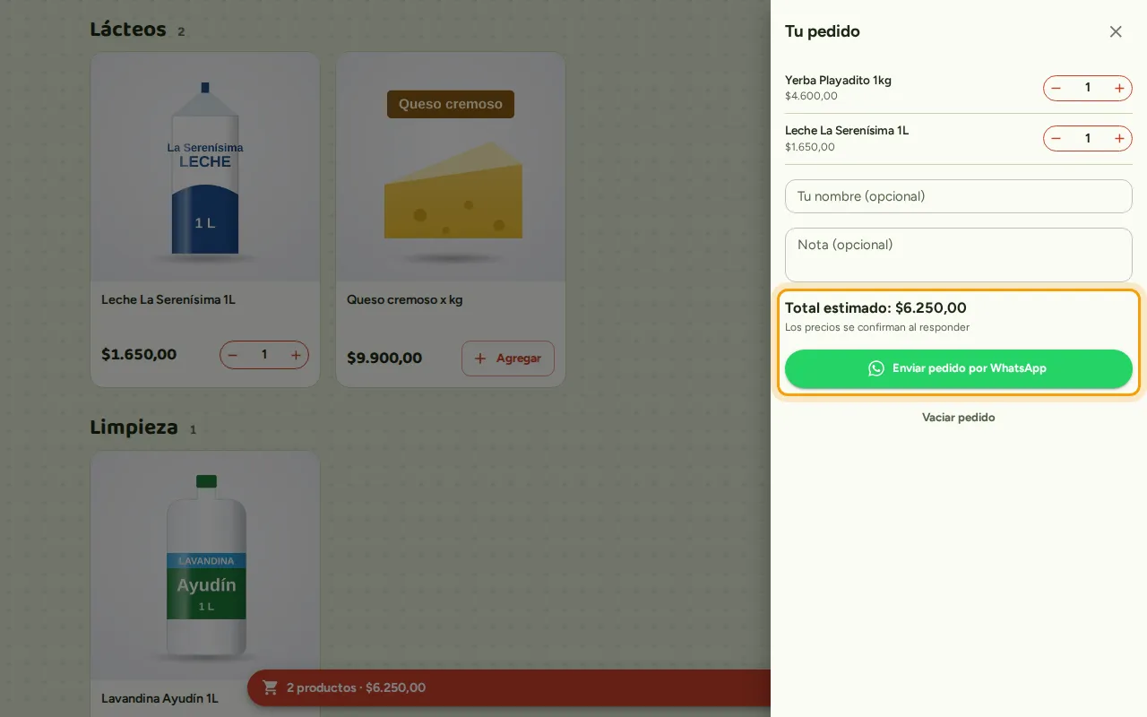 Pedido con el total estimado y el botón Enviar pedido por WhatsApp