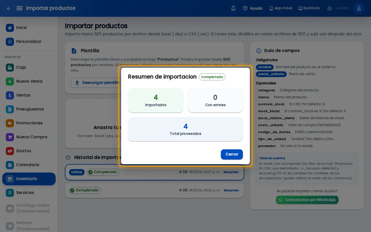 Resumen de importación con cuatro productos importados