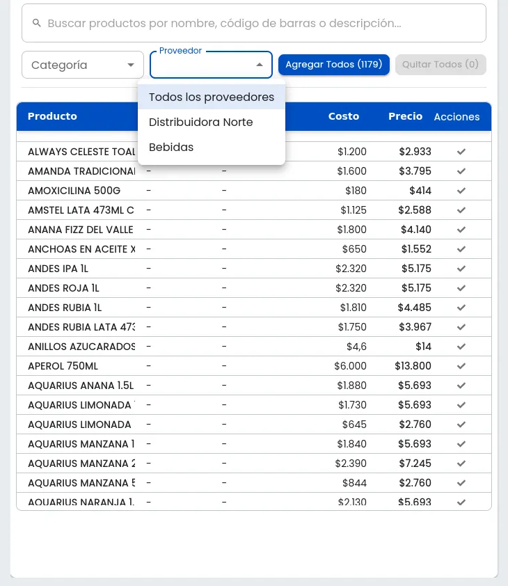 Panel de selección de productos con filtros de categoría y proveedor en Gestión Ventas